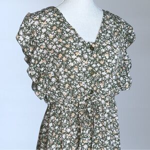 Entro Olive Green Floral Mini Dress – Ruffle Flutter Sleeves, Size large